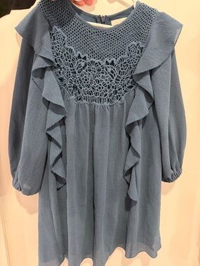 Chloe Blue Ruffle Crochet Yoke Dress